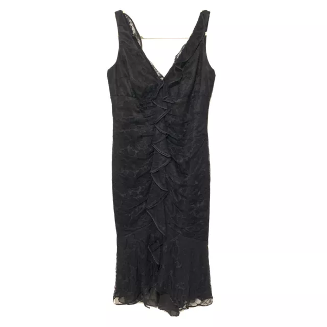 Carmen Marc Valvo Midi Dress 6 Black Silk Lace Overlay Ruffle Sleeveless