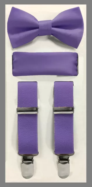 Lavender Lilac NEW Boy's Clip Suspender Bow tie & Pocket Square 3 pieces set