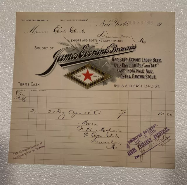 James Everard's Breweries Everard Pre-Prohibition Beer Billhead New York City Ny