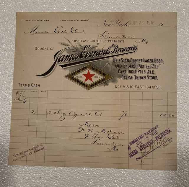 James Everard's Breweries Everard Pre-Prohibition Beer Billhead New York City Ny