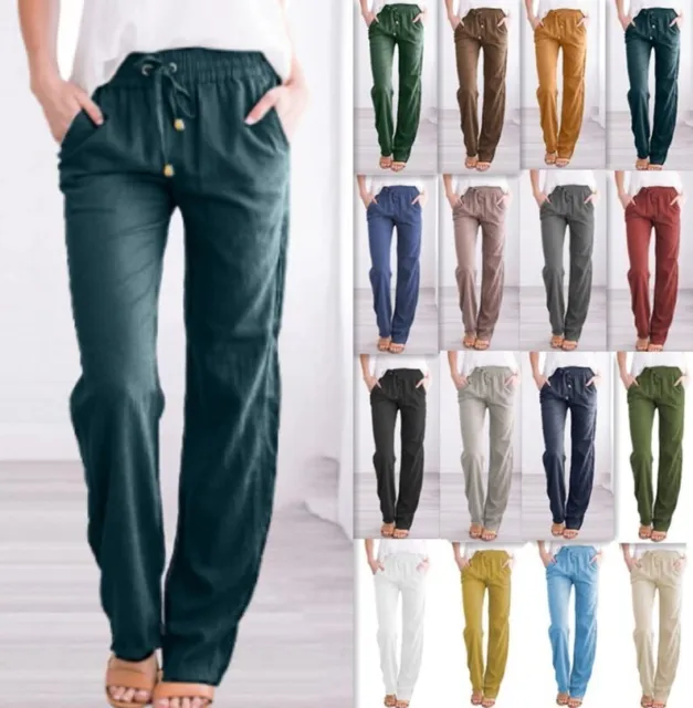 Women Cotton Linen Bottoms Trousers Ladies Solid Casual Elastic Waist Pants UK