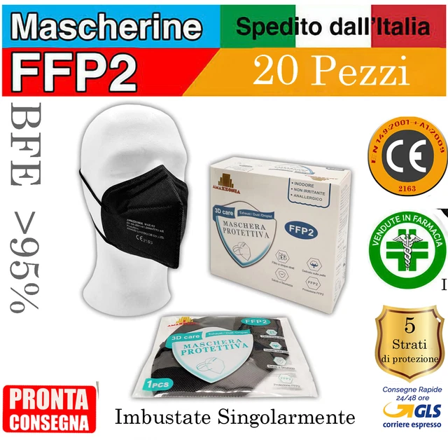 100 Mascherine FFP2 Protettive Certificate CE Nero 5 STRATI Nero Con - Foto 3