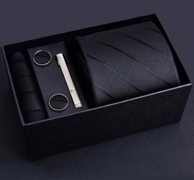 Mens Tie Gift Set Black with Pocket Square Cufflinks Tie Clip 4 Piece Set UK