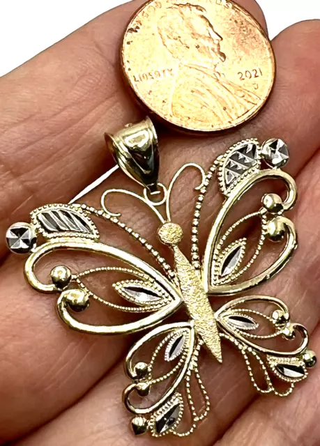 GoLD Butterfly Pendant 14k solid necklace filigre Yellow White gift 1.35” big