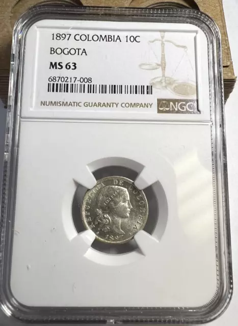 1897 Colombia, Bogota, Silver 10 centavos, KM 188, NGC MS 63