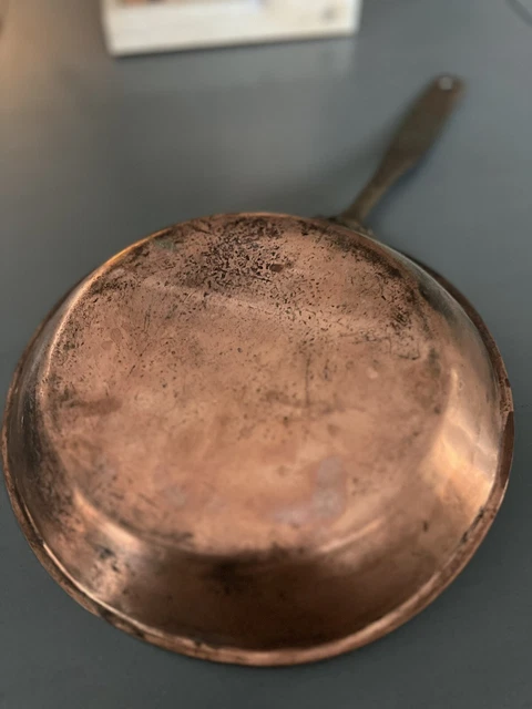 Antique Primitive Hammered Copper & Tin Fry Pan Hand Forged Wrought Iron Handle