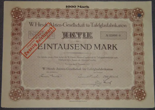 W. Hirsch Aktien-Gesellschaft für Tafelglasfabrikation 1923 1000 Mark