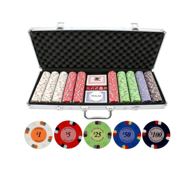 13.5g 500pc Lucky Horseshoe Clay Poker Chips Set - Las Vegas Casino Quality P...