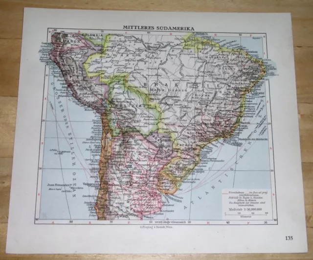 1936 Original Vintage Map Of Argentina Brazil / Buenos Aires Rio De Janeiro
