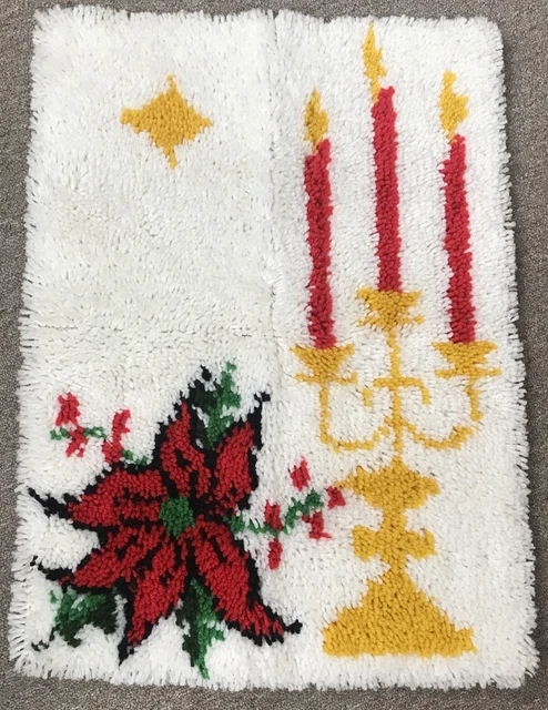 Alfombra de gancho de pestillo velas de Navidad Poinsettia 26x20 blanca COMPLETA de colección