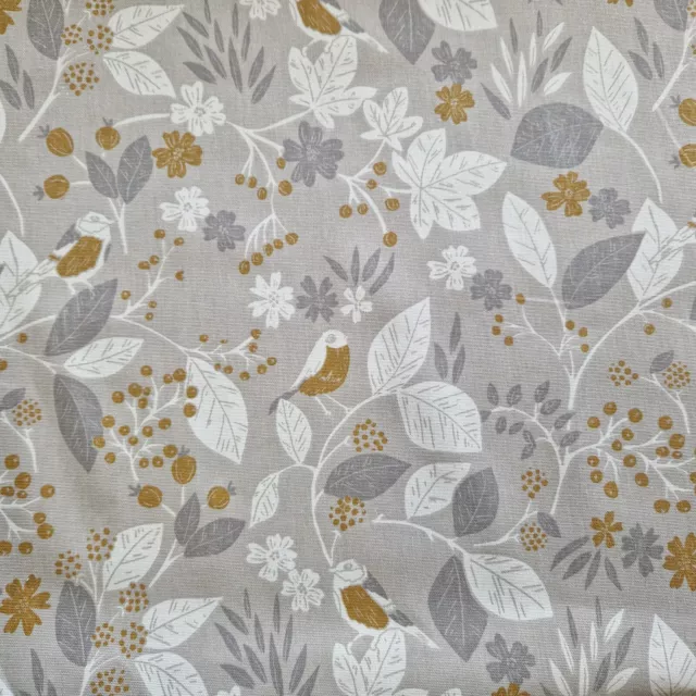 Curtain Fabric -Robins Leaves Grey Mustard Cotton  Canvas Cushion Craft Material