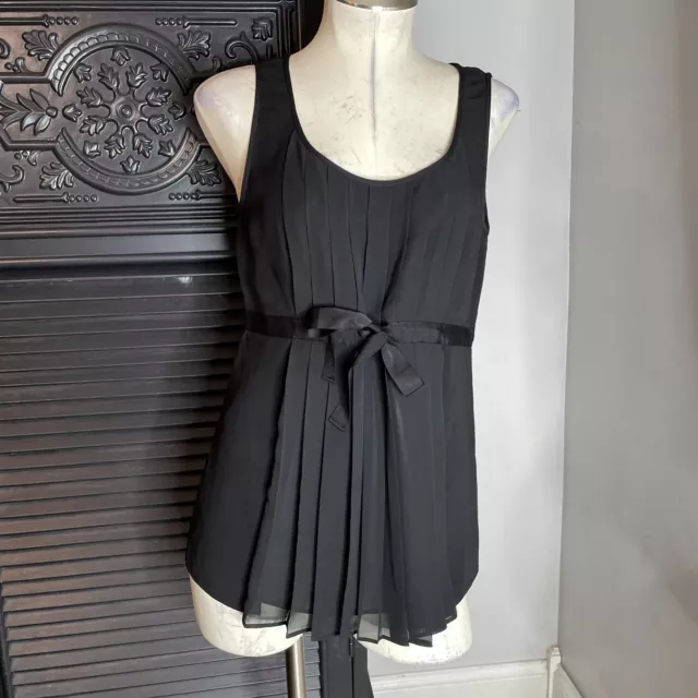 New Lafayette 148 New York Black Silk Sleeveless Pleated Bow Top Size 6