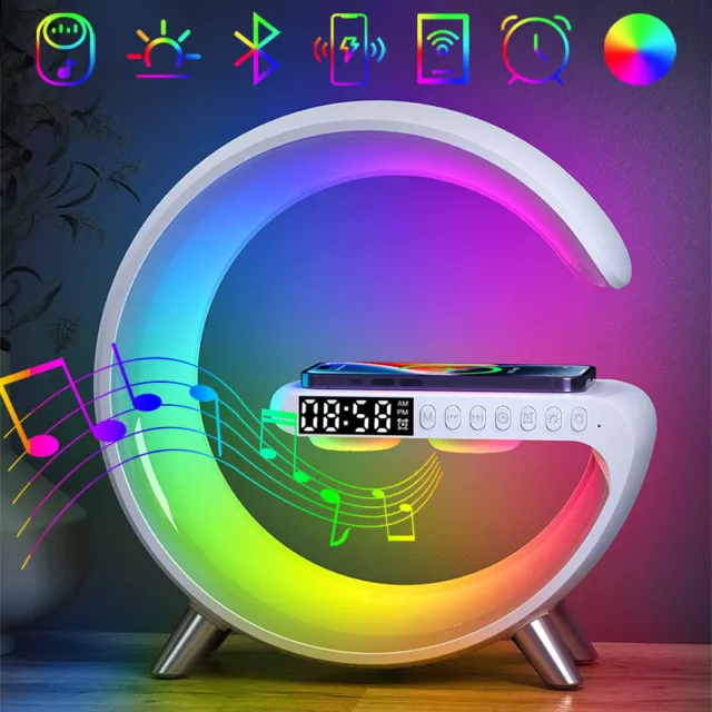 Wireless Charger RGB Night Light Lamp App Control Bluetooth Speaker Alarm Clock