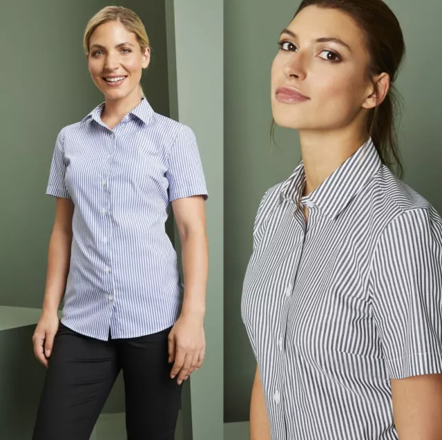 Ladies Womans Shirt Short Sleeve Black Blue Striped Blouse Workwear Smart Office