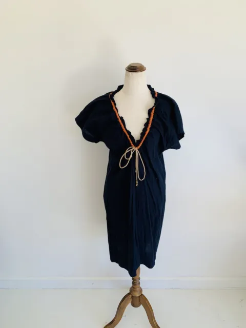 Lisa Ho Navy Blue Cotton Dress Size 10 Orange Trim Drawstring Neckline