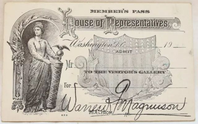 Vintage 1940 US House of Representatives Visitor's Pass Warren Magnuson WA State