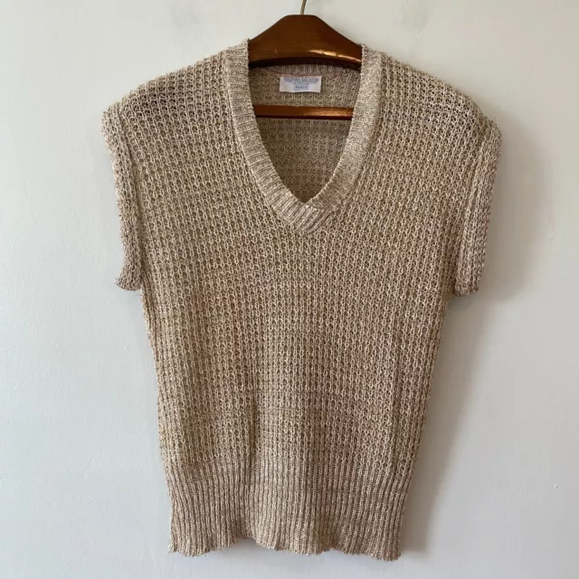 VINTAGE SEARS V-NECK Short Sleeve Open Knit Tan Sweater Top Womens ...