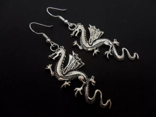 A Pair Of Long Tibetan Silver Dangly Dragon  Earrings . New.