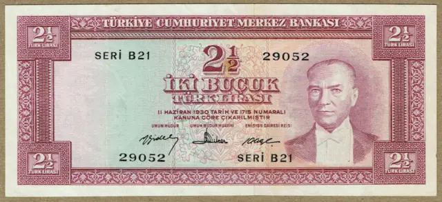 CENTRAL BANK OF TURKEY L. 1930 (15. 2. 1960)  2½ LIRA 5th ISSUE (P-153a) CH VF