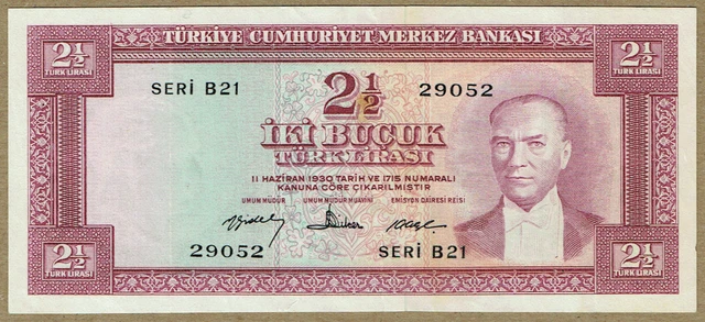 CENTRAL BANK OF TURKEY L. 1930 (15. 2. 1960)  2½ LIRA 5th ISSUE (P-153a) CH VF