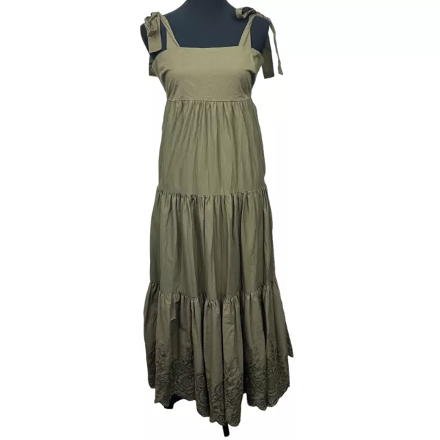 Jason Wu Dress Womens XS Green Cotton Eyelet Tiered Sleeveless Boho Maxi Gown