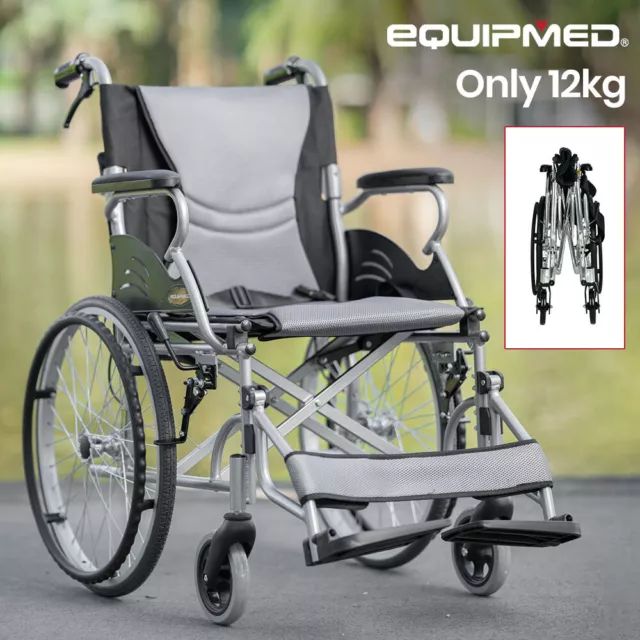 EQUIPMED Wheelchair Aluminium Lightweight Wheel Chair Folding Portable Grey