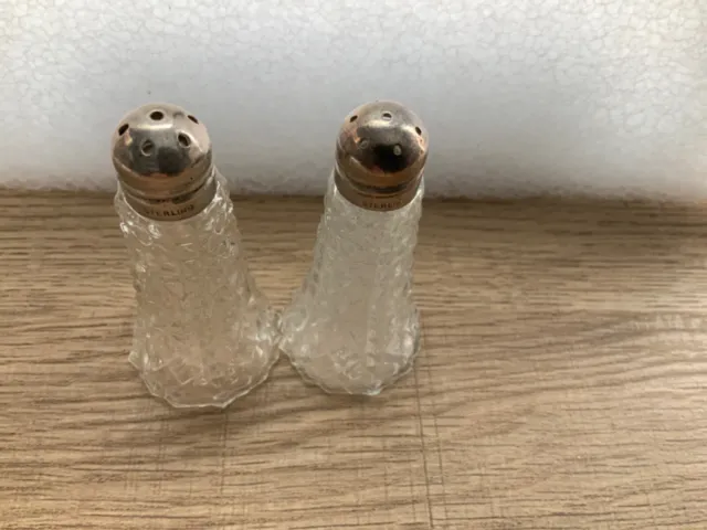 Pair Vintage Sterling Lid Made in USA Glass Salt Pepper Shakers S-3 2