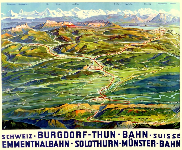 seltenes original vintage BTB BURGDORF THUN BAHN Plakat 1930 Toursimus Schweiz