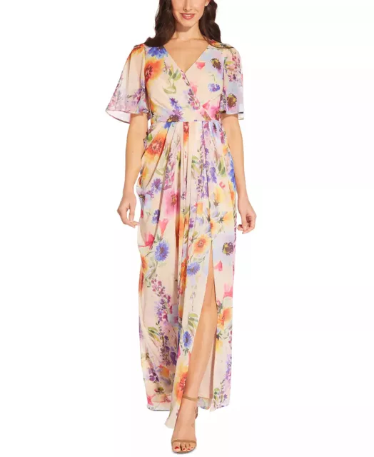 Adrianna Papell Gown Size 6 Multicolor Floral Flutter Sleeve Pleated NWT $249