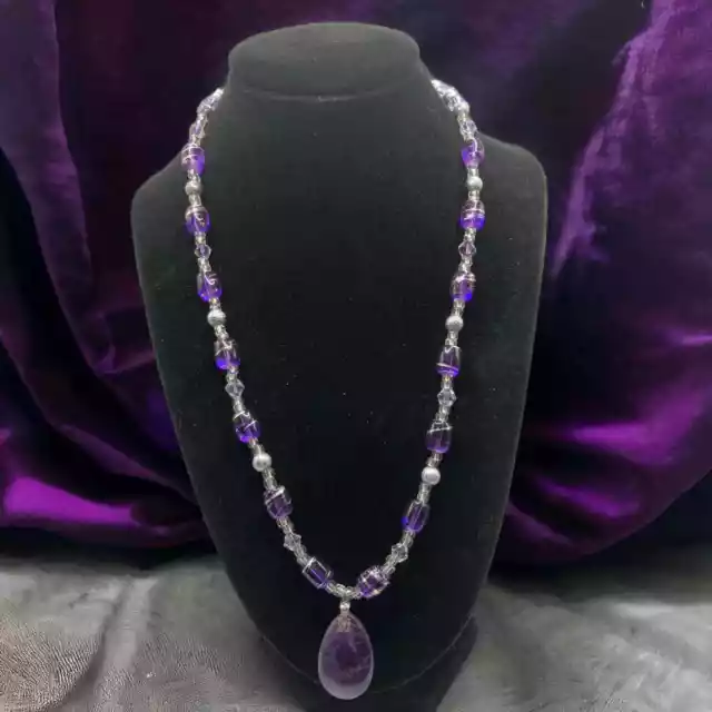 Purple and Silver-Tone Beaded Necklace with Pendant 20.5 Inch Necklace!