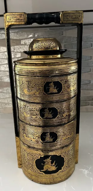 Burmese lacquerware Asian Antique gold leaf