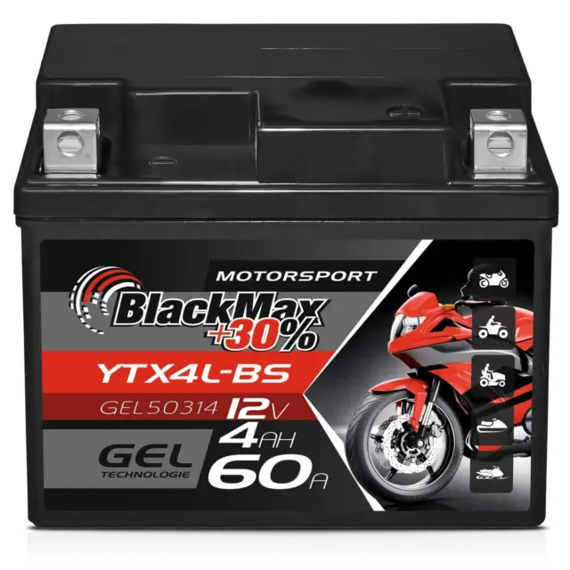 BlackMax YTX4L-BS Motorradbatterie GEL 12V 4Ah CTX4L-BS Roller Batterie 50314