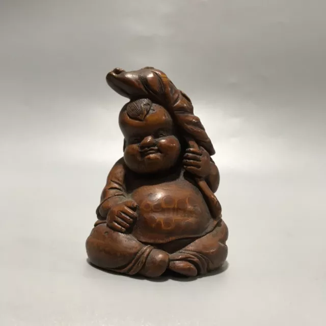 Chinese Antique Vintage Old Bamboo Carving Lotus Boy Statue Collection Nice Art