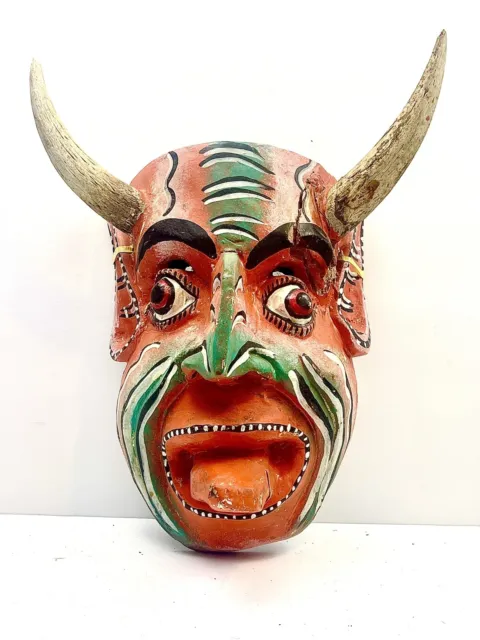 Vintage Guerrero Mexican Folk Art Demon Devil Diablo Mask Carved Wood Real Horns