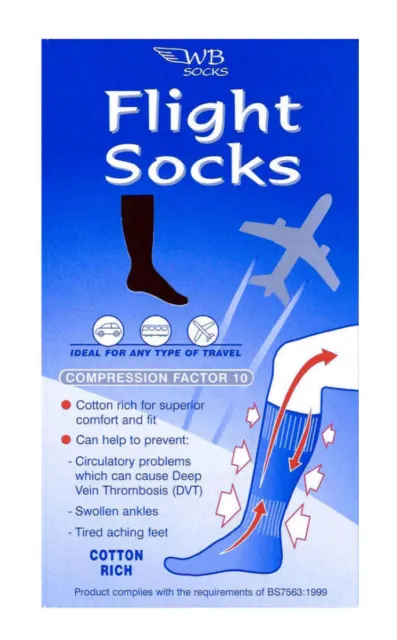 WB Socks Cotton Anti-Dvt Flight Socks Black UK Shoe Size 6-9