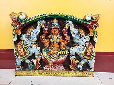Wooden Wall Panel Gajalakshmi, South Indian God Wood Hand Carving 15 in Length 2
