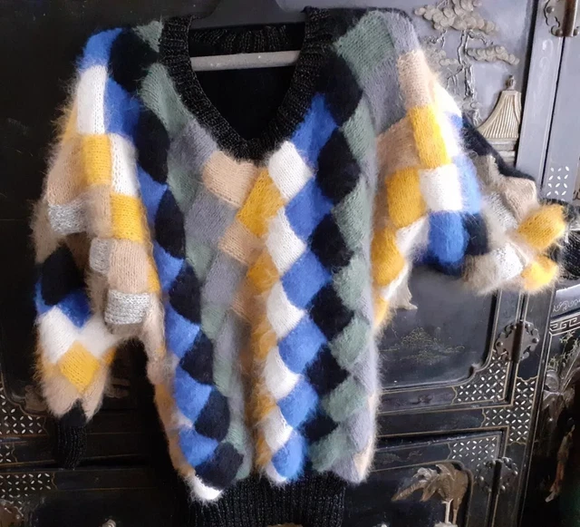 Pull Femme En Angora Anny Blatt - Modèle 'Choucas' Vert Et Gris - Motifs Géométriques - Taille XL - Neuf