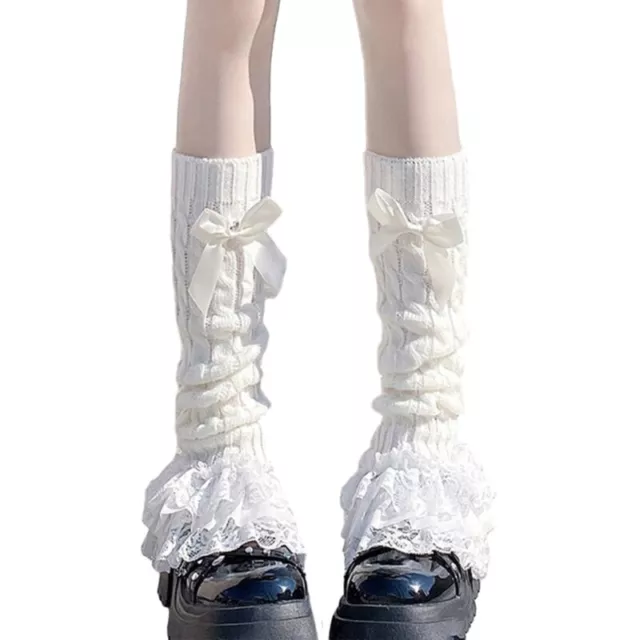 Cute Bowknot Twist Cable Knit Leg Warmer Tiered Ruffled Lace Hem Leg Cover Socks