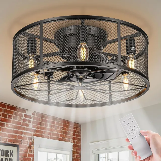 18'' Caged Ceiling Fan Light with Remote Control Chandelier Flush Mount Light