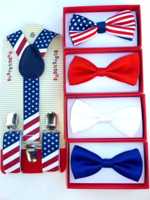 PATRIOTIC AMERICAN Flag Suspender Bow Tie Baby Toddler Kids Child US SELLER