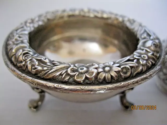 Repousse  S. Kirk & Son Sterling Silver Open Footed Salt Dish 3.25 & Pepper 3.25 3