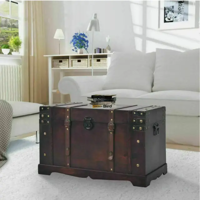 Vintage Wooden Treasure Chest Storage Hinged Trunk Box Living Room Coffee Table