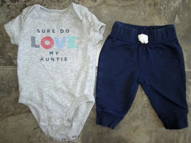 Carters Newborn NB Set Baby Boy One Piece w/Pants "Love My Auntie" Gray Blue EUC