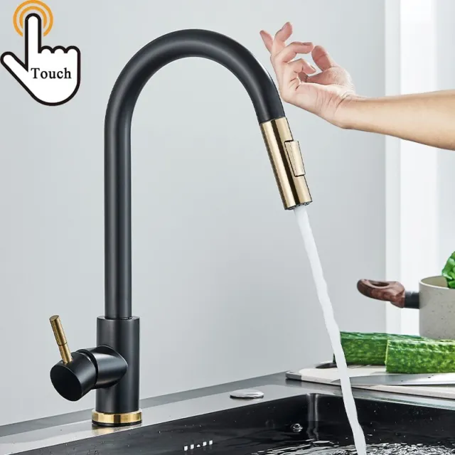 Touch Sensor Monobloc Kitchen Sink Mixer Taps Pull Out Spray Single Level Balck