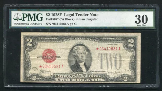Fr. 1507* 1928-F $2 *Star* Red Seal Legal Tender United States Note Pmg Vf-30