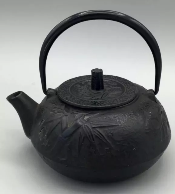 Antique Tetsubin Teapot Japanese cast iron Bamboo Pine & Blossom