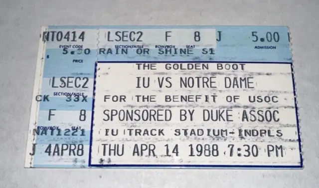 4/14/88 Golden Boot IU Indiana Notre Dame Irish NCAA College Soccer Ticket Stub