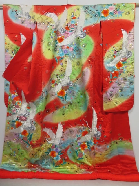 0427N08z3160 Japanese Kimono Silk UCHIKAKE Red Crane, Flowers