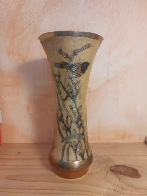 Messing Vase bemalt mit Vogel antik retro vintage shappy 22,5cm