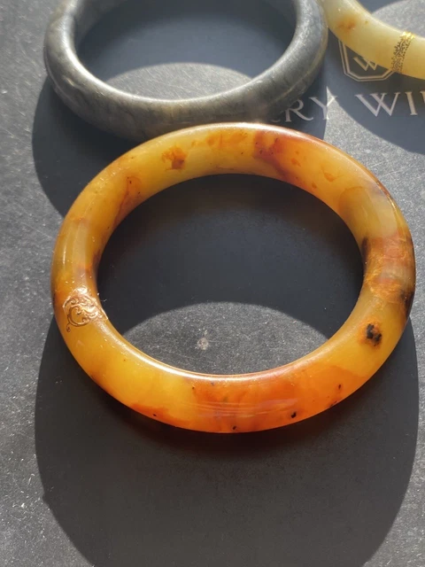 Joblot Of Four Hand Carved Black&Yellow Russet Translucent Natural Jade Bangles 2